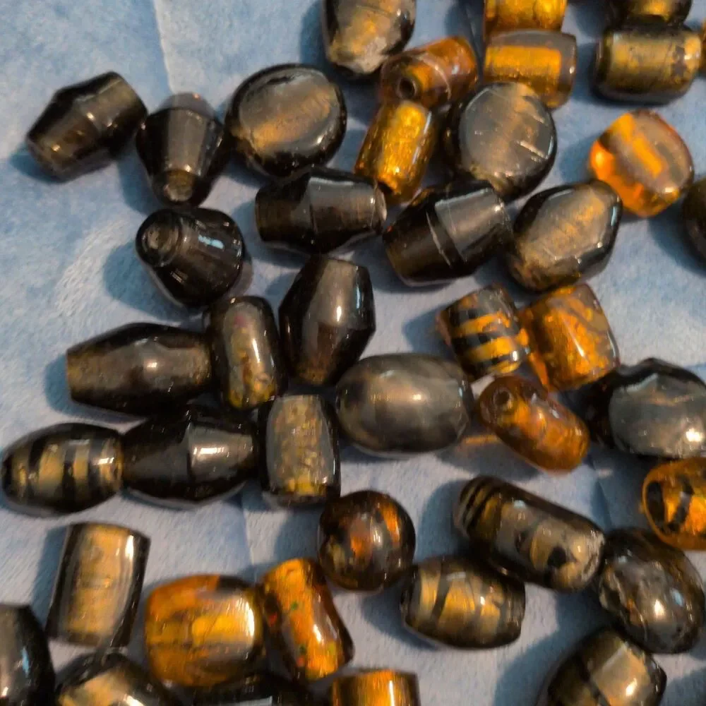 Vintage Mixed Tiger's Eye & Amber Glass Bead Destash Lot – Large Hole Barrel...